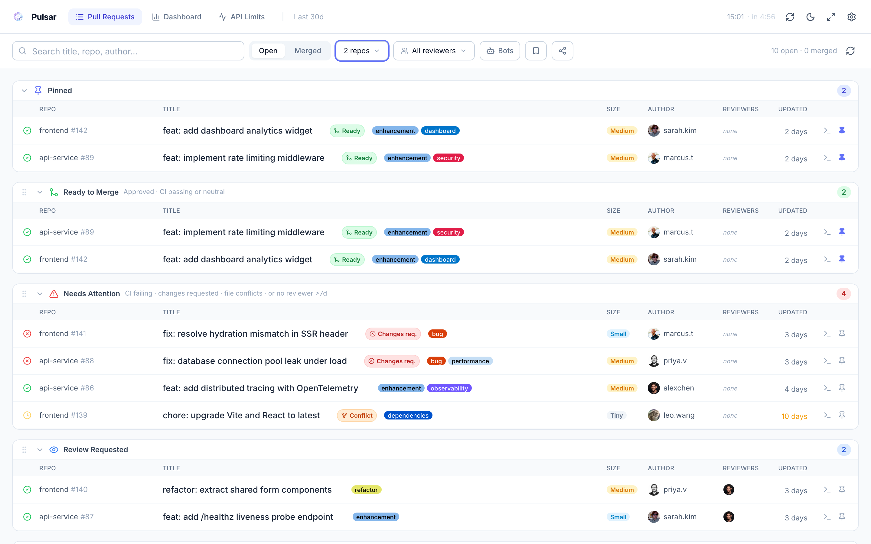 PR list view, light mode