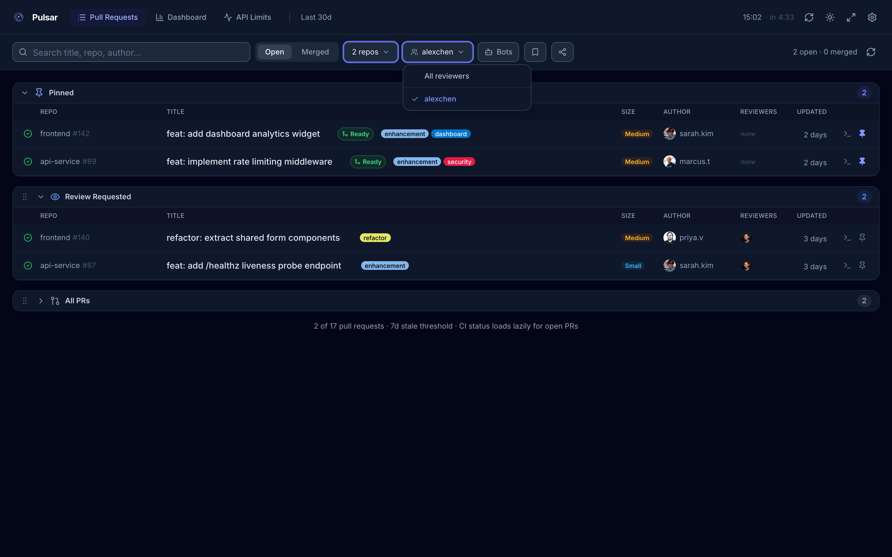 PR list with reviewer filter open